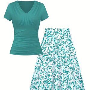 Teal and White - Skirt and Top Outfit